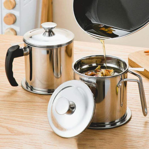 HADPA STORE Stainless Steel Oil Strainer Pot | Reusable Cooking Oil & Grease Container with Removable Mesh Filter, Lid & Handle | Pack of 1