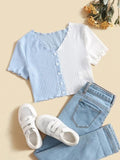 Women’s Blue & White Colorblocked Crop Top | Sleeveless V-Neck Polycotton Top | Trendy Y2K Summer Wear
