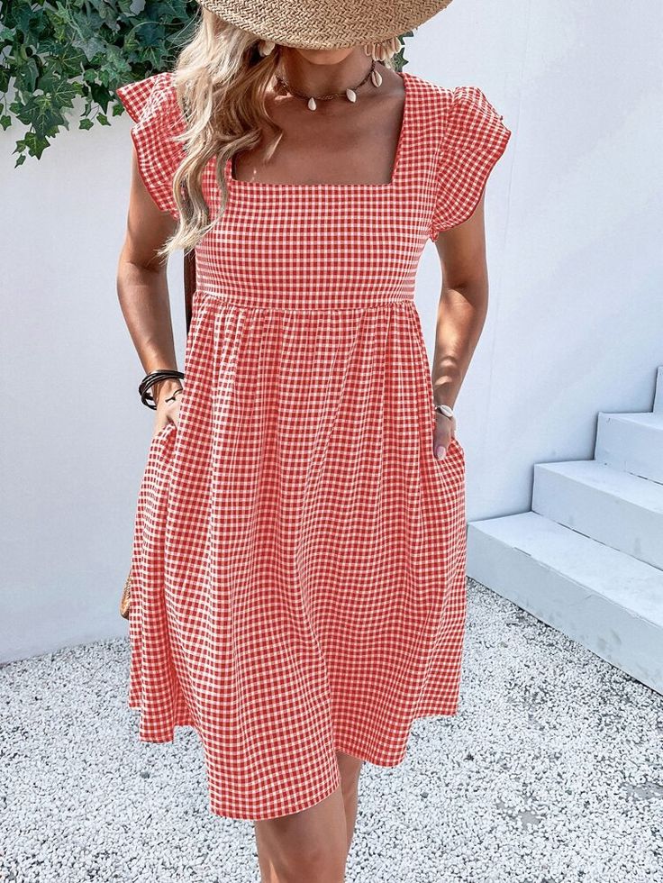 Trendy Sensational Women’s Red & White Checked Cotton Dress | Short Sleeve Summer Casual Dress | S–XXL