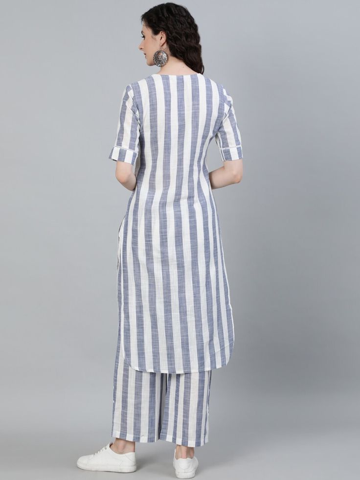 Women's Pure Cotton Kurta Palazzo Set | Grey & White Striped Kurti with Lace Detail & Pocket Palazzo