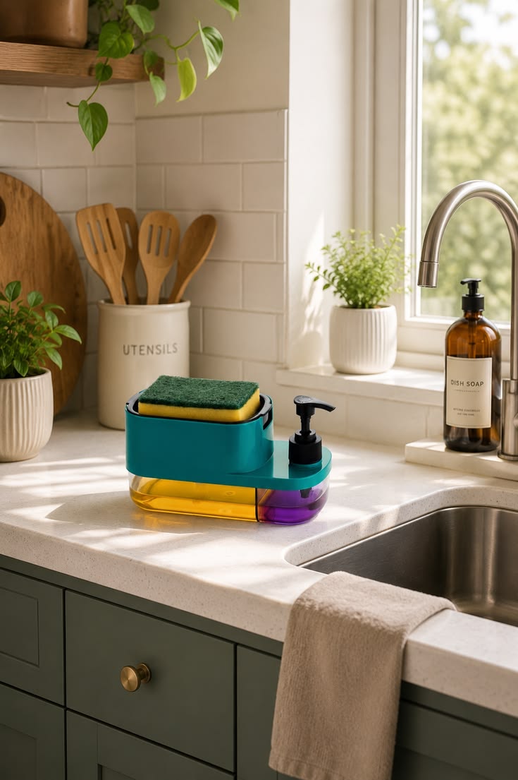 3-in-1 Kitchen Sink Organizer with Soap Dispenser | Sponge Holder & Storage Tray | 1 L | Green