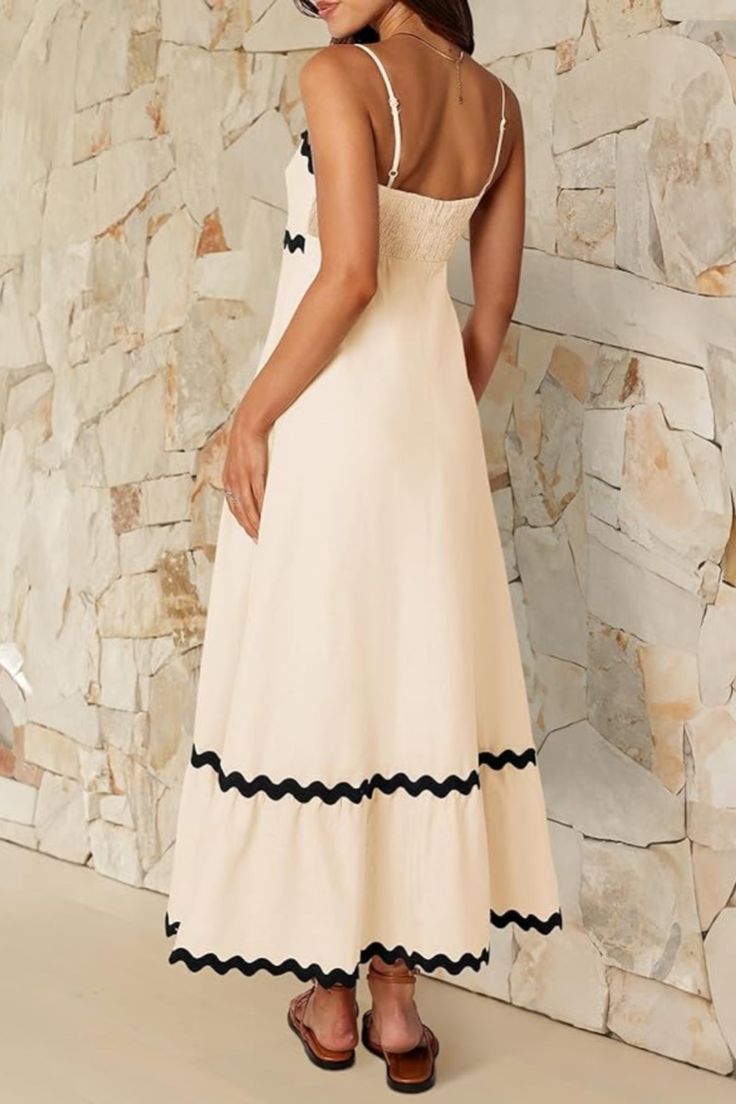 Sheetal Associates Women’s Off White Cotton Maxi Dress | Sleeveless Solid Dress with Black Wavy Trim