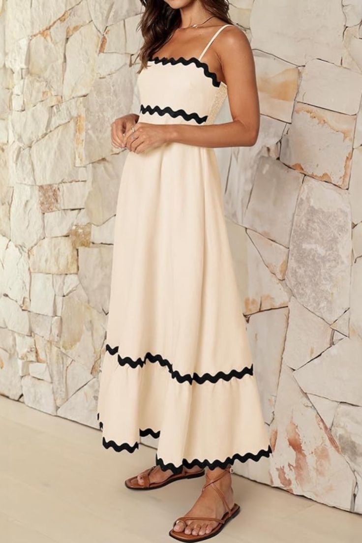 Sheetal Associates Women’s Off White Cotton Maxi Dress | Sleeveless Solid Dress with Black Wavy Trim