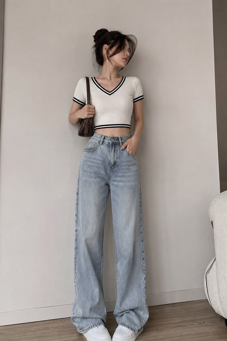 Women’s Ribbed V-Neck Crop Top | Short Sleeve Contrast Trim Cotton Top | Trendy Casual Western Wear