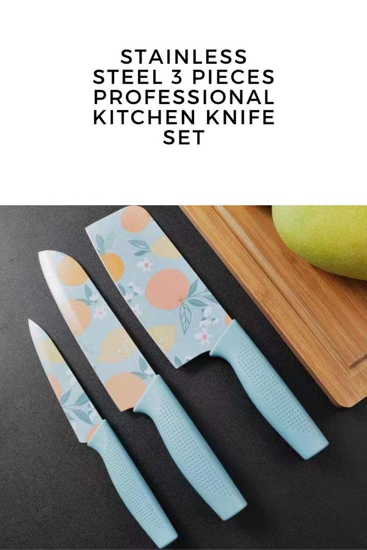 MAA CREATION 3-Piece Kitchen Knife Set | Stainless Steel Chef, Utility & Paring Knives | Blue Ergonomic Handle