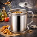 HADPA STORE Stainless Steel Oil Strainer Pot | Reusable Cooking Oil & Grease Container with Removable Mesh Filter, Lid & Handle | Pack of 1