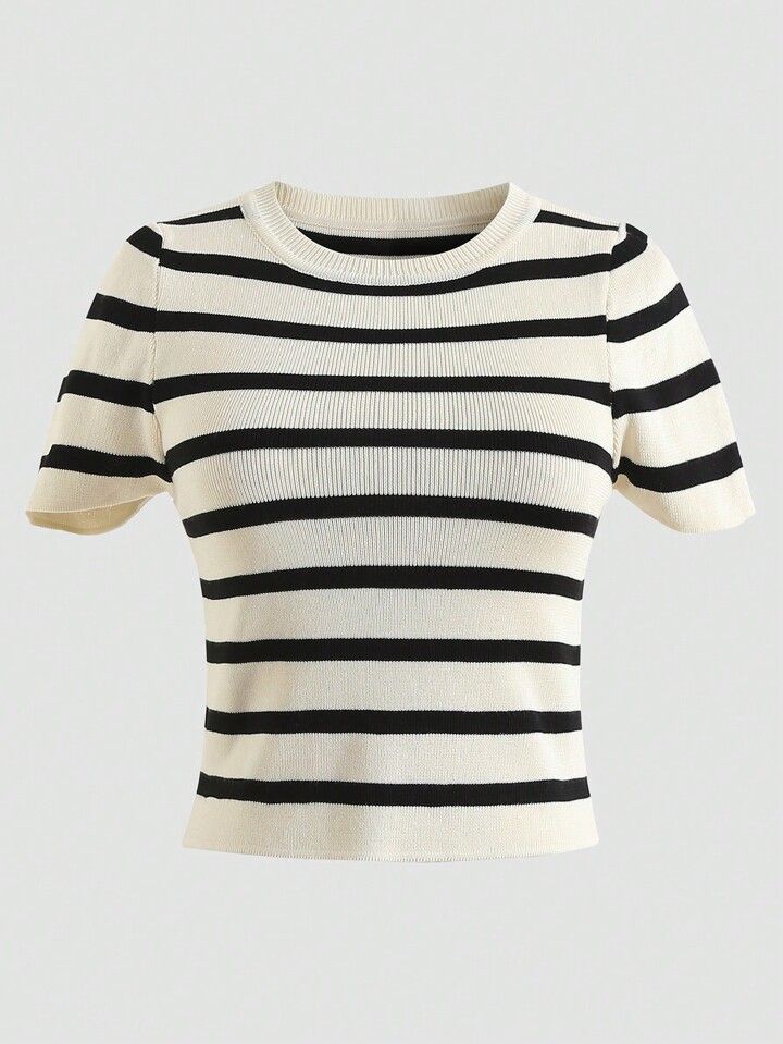 Women’s Classy Striped Top White | Cotton Blend Short Sleeve Western Top | Casual & Summer Wear