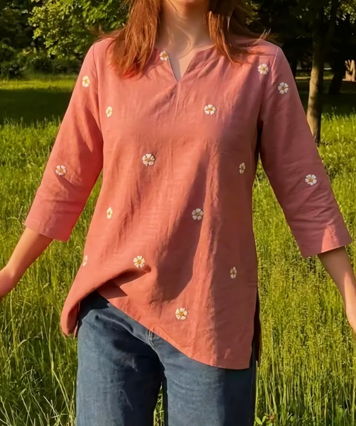 Women's Peach Printed Cotton Short Kurti | 3/4 Sleeve Casual Indo-Western Kurti Top | Daily & Office Wear
