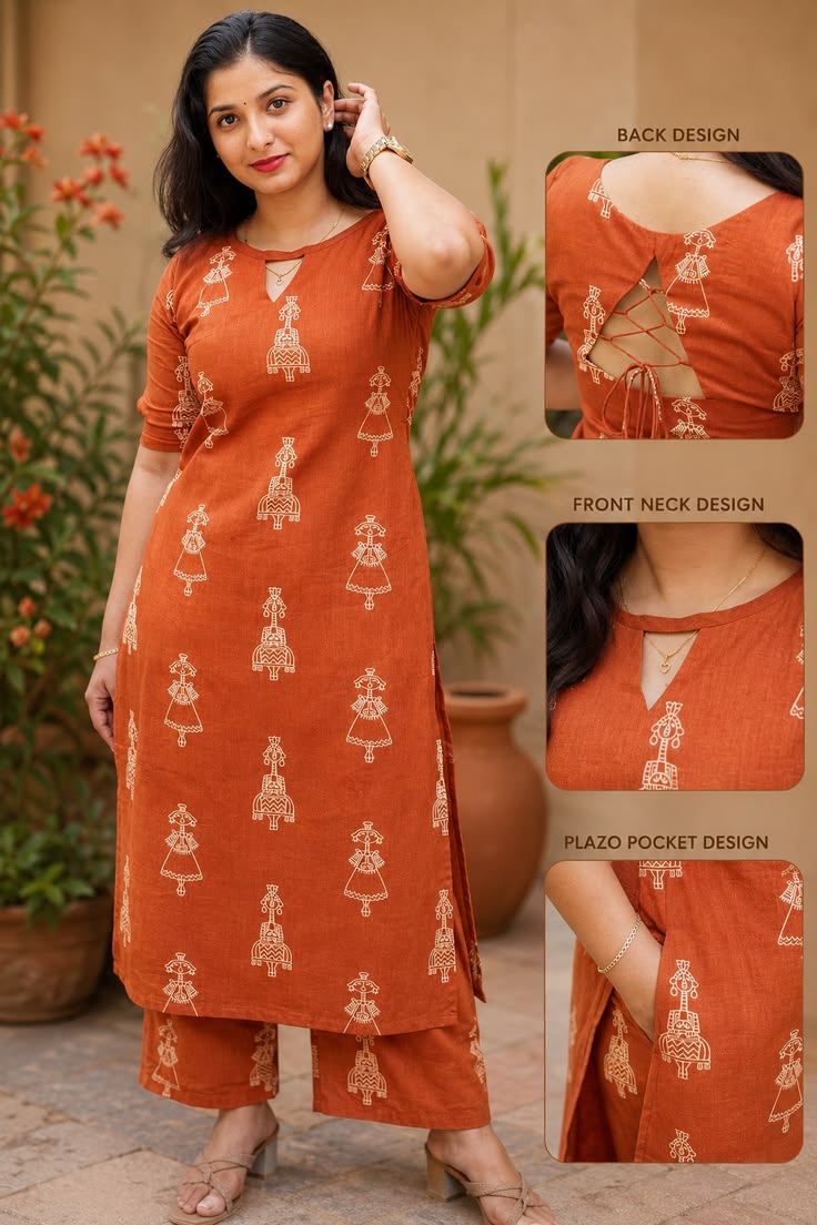 Women’s Orange Floral Printed Kurti Pant Set | Tesla Slub Cotton Blend A-Line Kurta | Festive & Party Wear