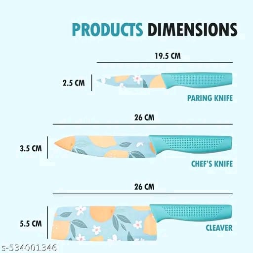 MAA CREATION 3-Piece Kitchen Knife Set | Stainless Steel Chef, Utility & Paring Knives | Blue Ergonomic Handle