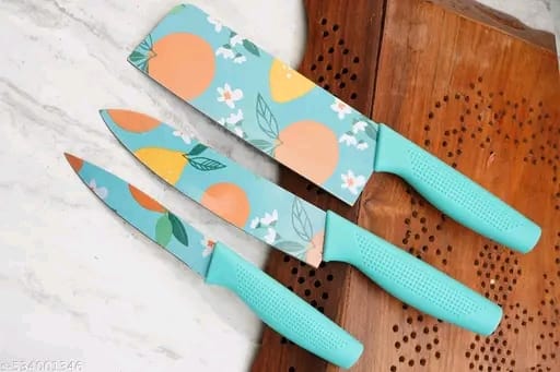 MAA CREATION 3-Piece Kitchen Knife Set | Stainless Steel Chef, Utility & Paring Knives | Blue Ergonomic Handle