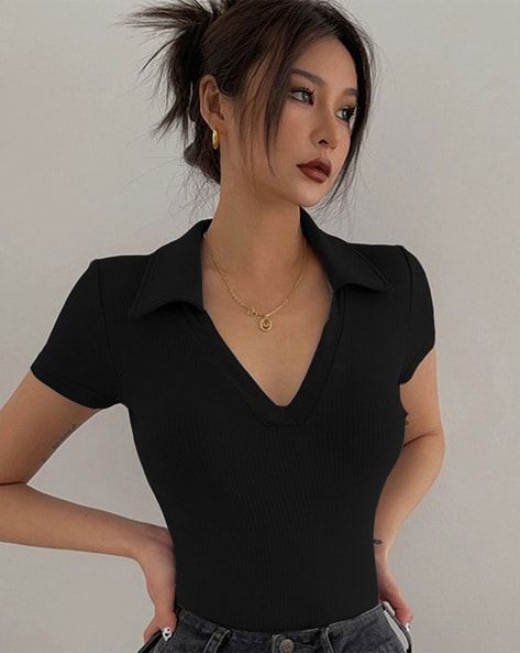 Stylish Women's Ribbed Collared Top | V-Neck Short Sleeve Slim Fit Top | Cotton Blend Casual Wear