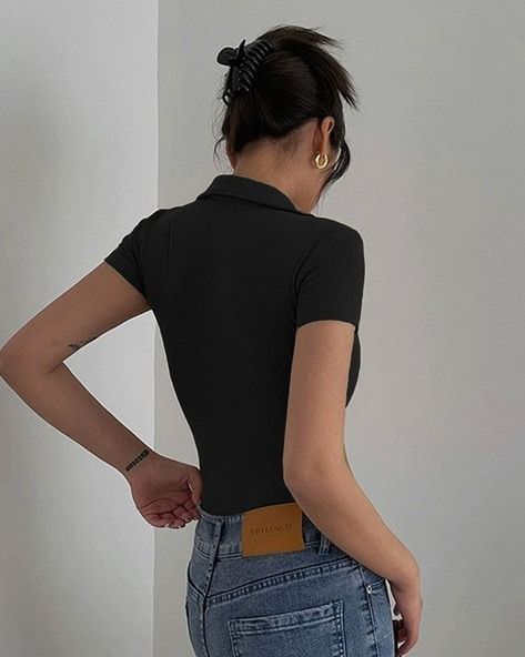 Stylish Women's Ribbed Collared Top | V-Neck Short Sleeve Slim Fit Top | Cotton Blend Casual Wear