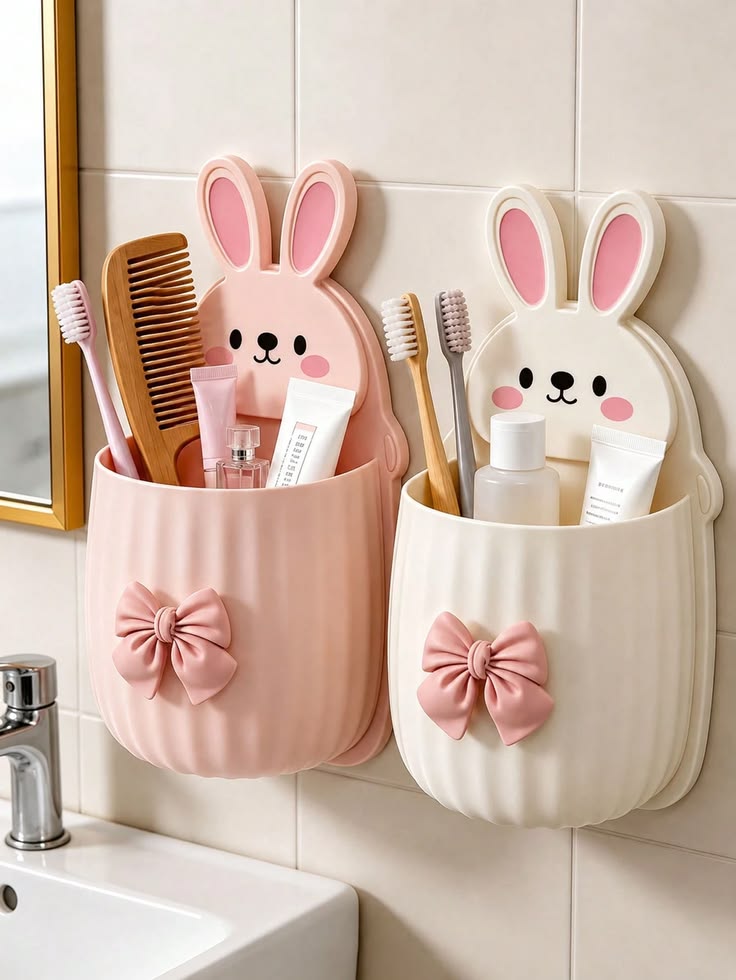 Pack of 4 Rabbit Toothbrush Holders | Wall-Mounted Self-Adhesive Bathroom Organizer | Toothbrush & Toothpaste Holder | Multicolour
