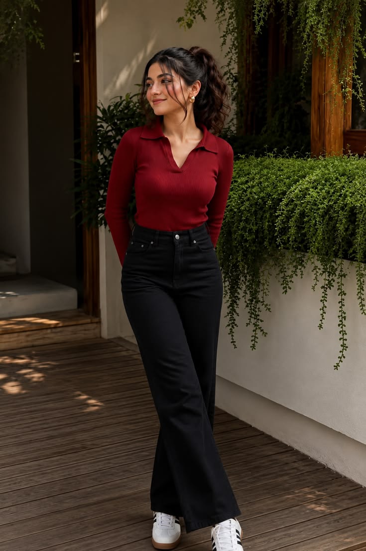 Women’s Maroon V-Neck Ribbed Collar Top | Long Sleeve Solid Polyester Top | 20-Inch Casual Wear