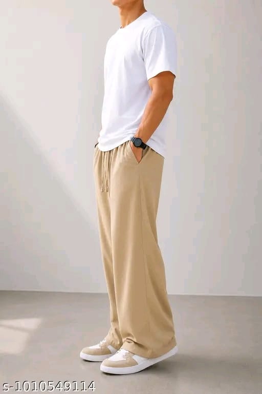 Men’s Solid Beige Loose Fit Track Pants | Cotton Blend Wide-Leg Lower with Drawstring | Casual Streetwear