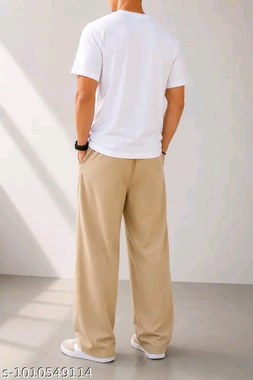 Men’s Solid Beige Loose Fit Track Pants | Cotton Blend Wide-Leg Lower with Drawstring | Casual Streetwear