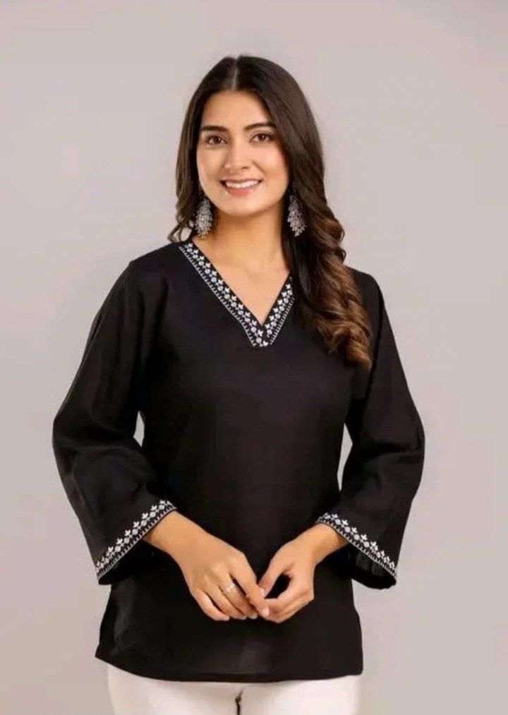 Women's Black Embroidered Rayon Kurti | White Embroidery | 3/4 Sleeve Ethnic Kurti