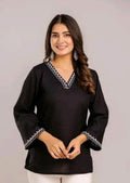 Women's Black Embroidered Rayon Kurti | White Embroidery | 3/4 Sleeve Ethnic Kurti