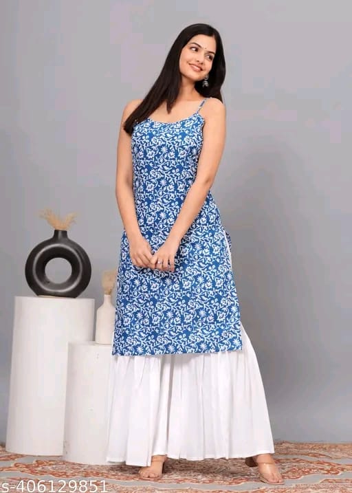 Women’s Printed Rayon Sharara Set Blue | Sleeveless Kurta with Palazzo Bottom | Festive & Ethnic Wear