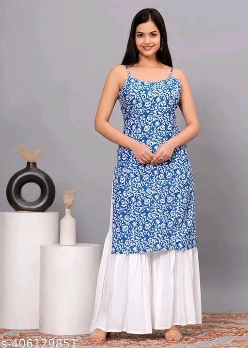 Women’s Printed Rayon Sharara Set Blue | Sleeveless Kurta with Palazzo Bottom | Festive & Ethnic Wear