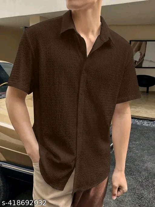 Men’s Solid Popcorn Texture Shirt Brown | Short Sleeve Textured Casual Shirt | Trendy Everyday Wear