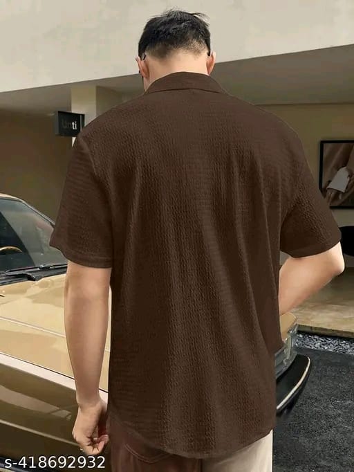 Men’s Solid Popcorn Texture Shirt Brown | Short Sleeve Textured Casual Shirt | Trendy Everyday Wear