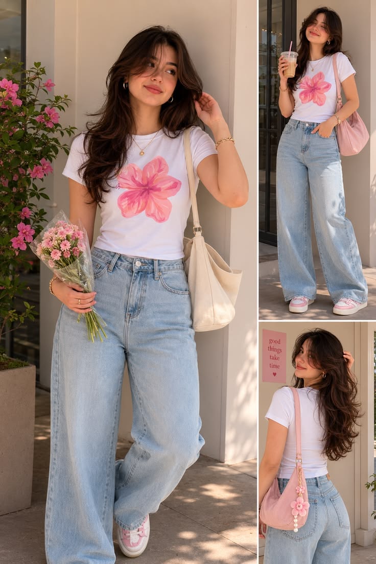 Women’s White Floral Printed Crop Top | Pink Flower Print Fitted Short Sleeve Top | Trendy Summer Casual Wear