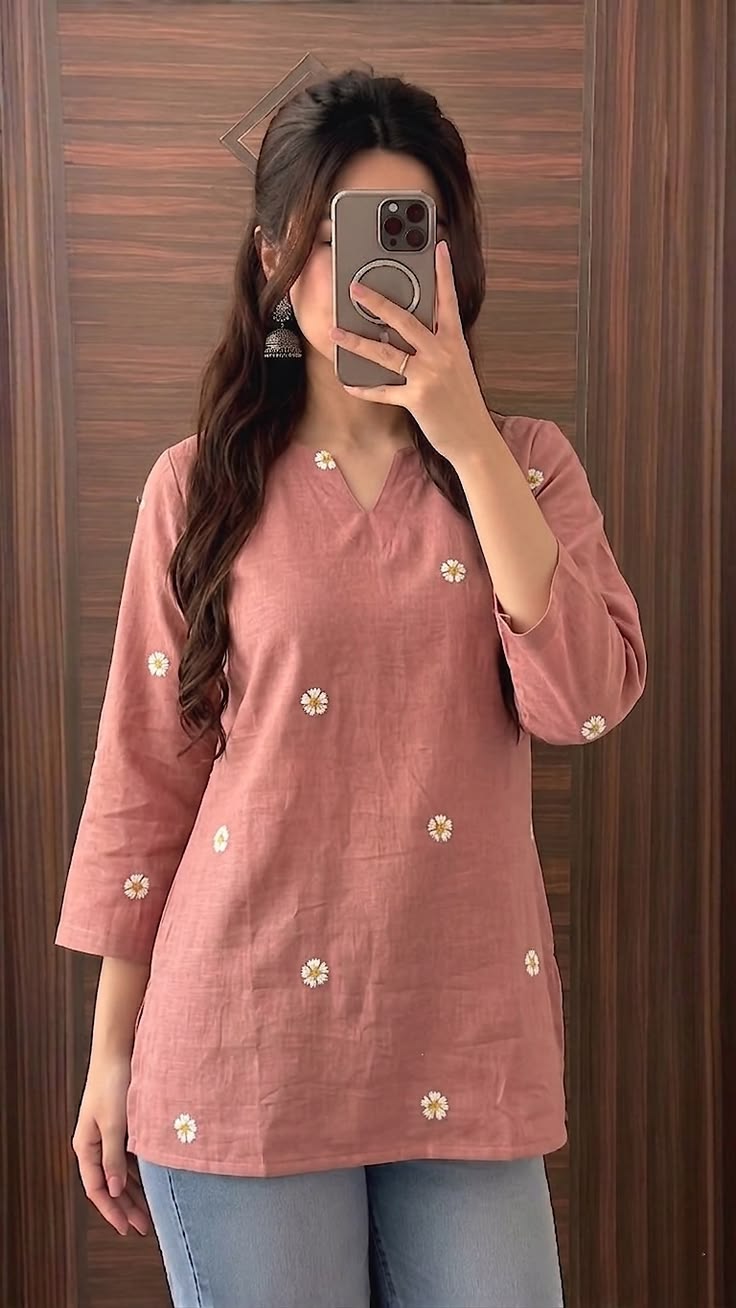 Women's Peach Printed Cotton Short Kurti | 3/4 Sleeve Casual Indo-Western Kurti Top | Daily & Office Wear