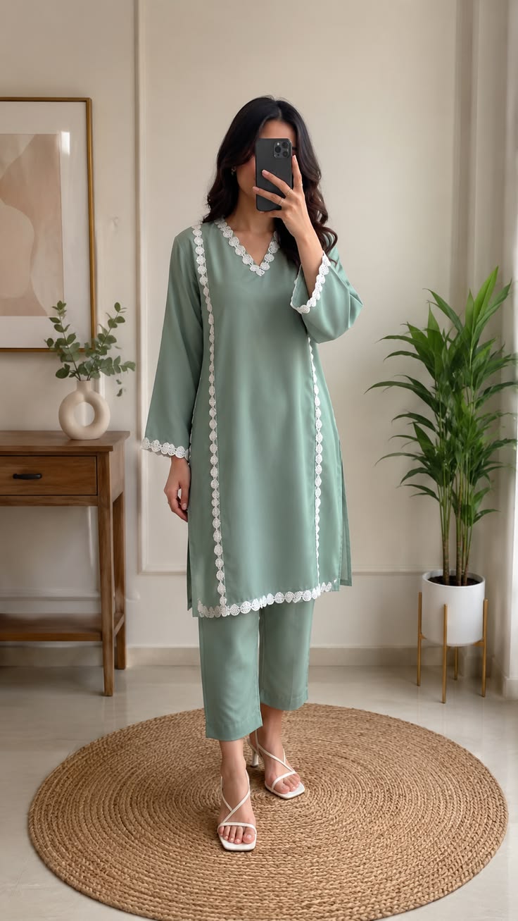 Women’s Grey Lace Kurta Pant Set | A-Line Rayon Kurta with Matching Pants | Festive & Office Ethnic Wear