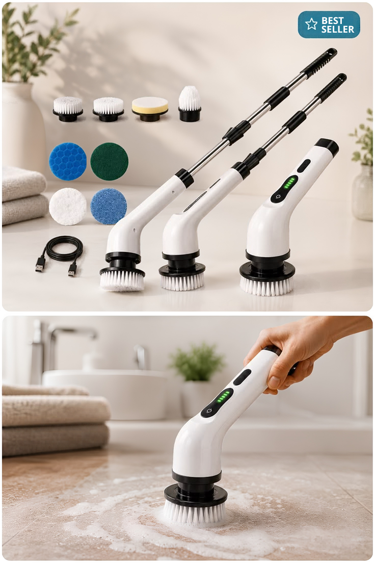 Electric Spin Scrubber with 7 Brush Heads | Cordless Cleaning Brush | 2-Speed Adjustable Electric Scrubber