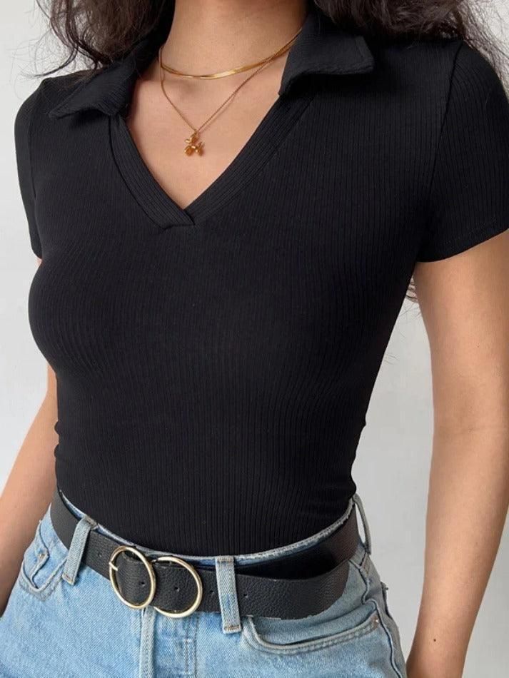 Stylish Women's Ribbed Collared Top | V-Neck Short Sleeve Slim Fit Top | Cotton Blend Casual Wear