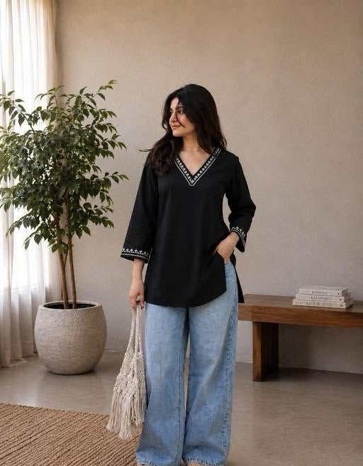 Women's Black Embroidered Rayon Kurti | White Embroidery | 3/4 Sleeve Ethnic Kurti