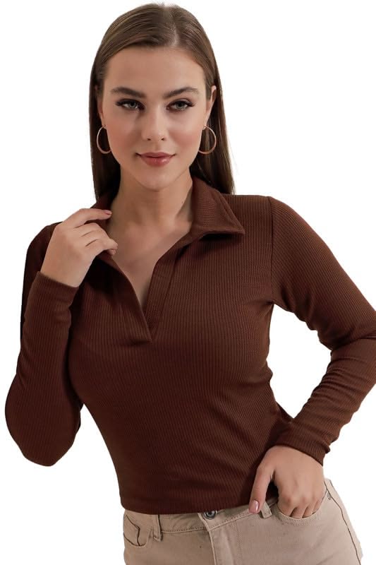 Women’s Coffee V-Neck Ribbed Collar Top | Long Sleeve Solid Polyester Top | 20-Inch Casual Wear