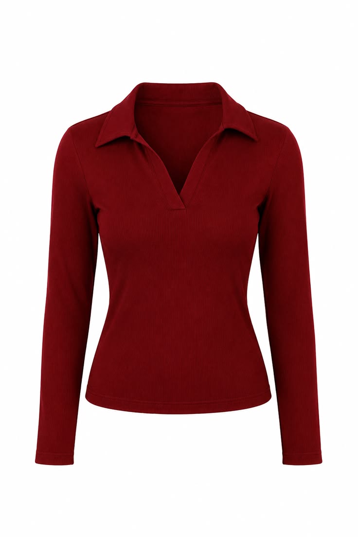Women’s Maroon V-Neck Ribbed Collar Top | Long Sleeve Solid Polyester Top | 20-Inch Casual Wear