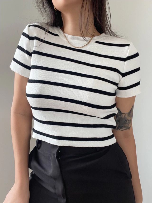Women’s Classy Striped Top White | Cotton Blend Short Sleeve Western Top | Casual & Summer Wear