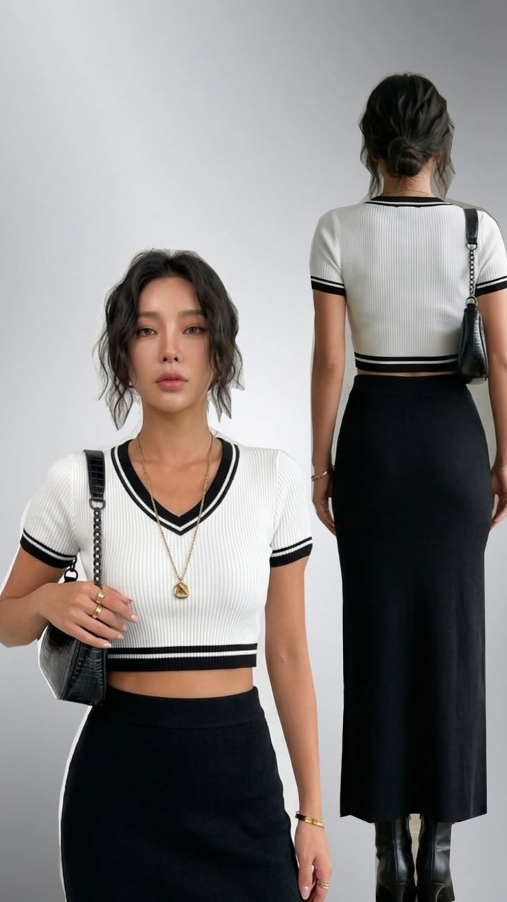 Women’s Ribbed V-Neck Crop Top | Short Sleeve Contrast Trim Cotton Top | Trendy Casual Western Wear