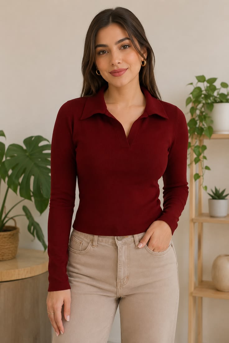 Women’s Maroon V-Neck Ribbed Collar Top | Long Sleeve Solid Polyester Top | 20-Inch Casual Wear
