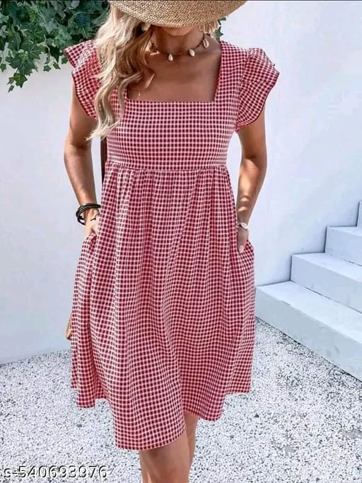 Trendy Sensational Women’s Red & White Checked Cotton Dress | Short Sleeve Summer Casual Dress | S–XXL