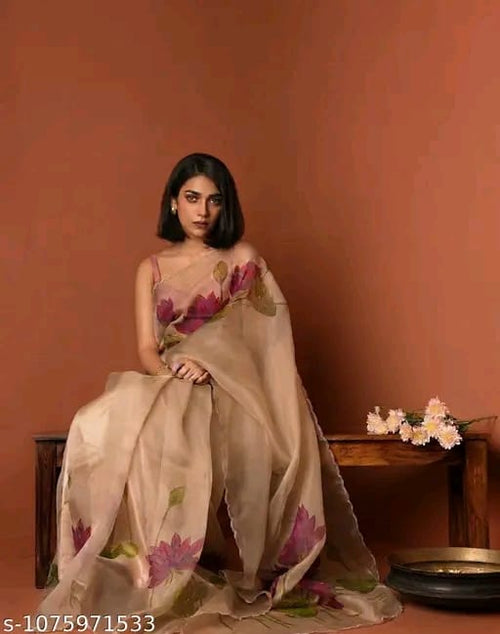 FANDY-LOTUS Women’s Beige Floral Printed Satin Silk Saree with Running Blouse | Festive & Party Wear | Free Size