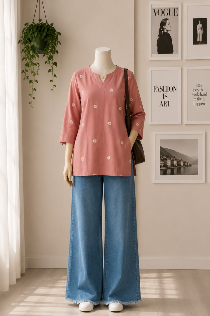 Women's Peach Printed Cotton Short Kurti | 3/4 Sleeve Casual Indo-Western Kurti Top | Daily & Office Wear