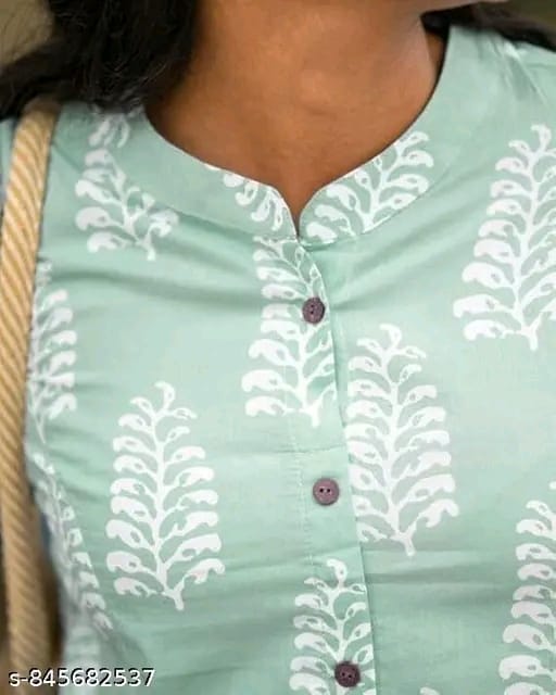 Women’s Green Floral Printed Kurta Pant Set | Mandarin Collar A-Line Cotton Blend Kurti | Party & Festive Wear